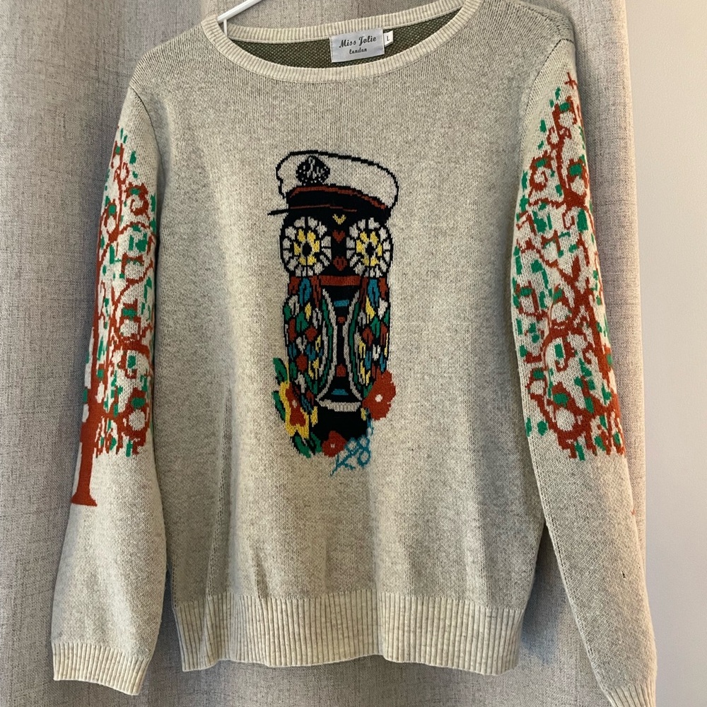 Cream Owl Embroidered Sweater